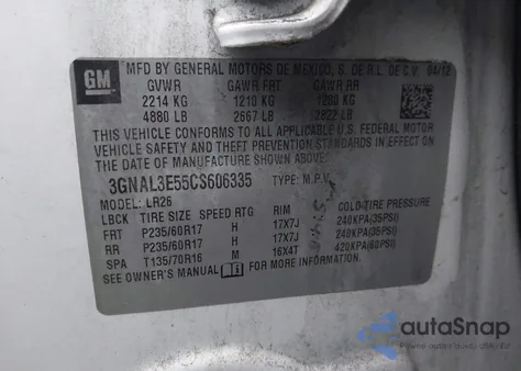 2012 Chevrolet Captiva Sport Lt z USA, uszkodzony, nr VIN 3GNAL3E55CS606335